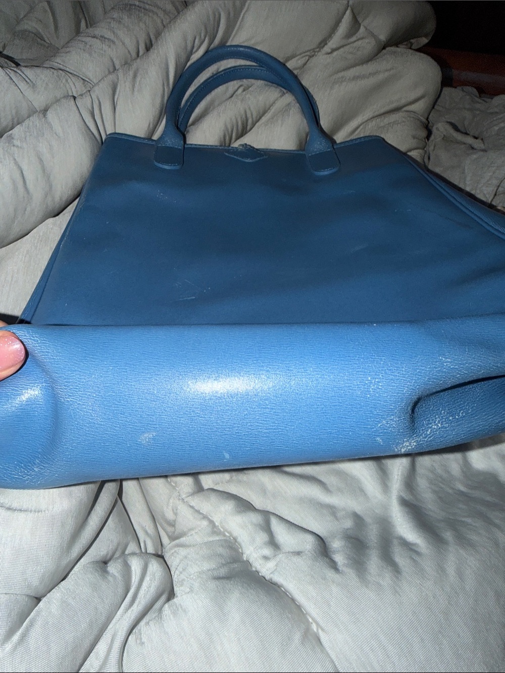 Longchamp Blue Leather Shoppers Tote Vintage 80’s Tote w/Embossed Logo Authentic - Picture 4 of 12